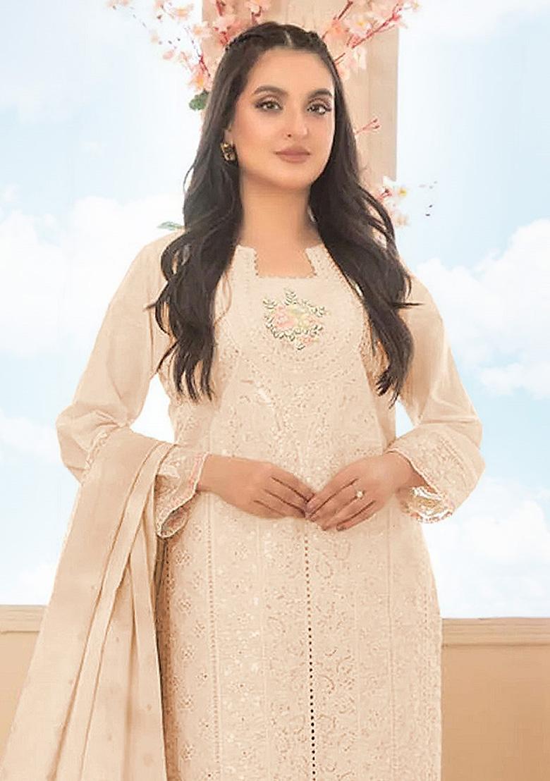 Beige Embroidery Cotton Kurta Set - Indya