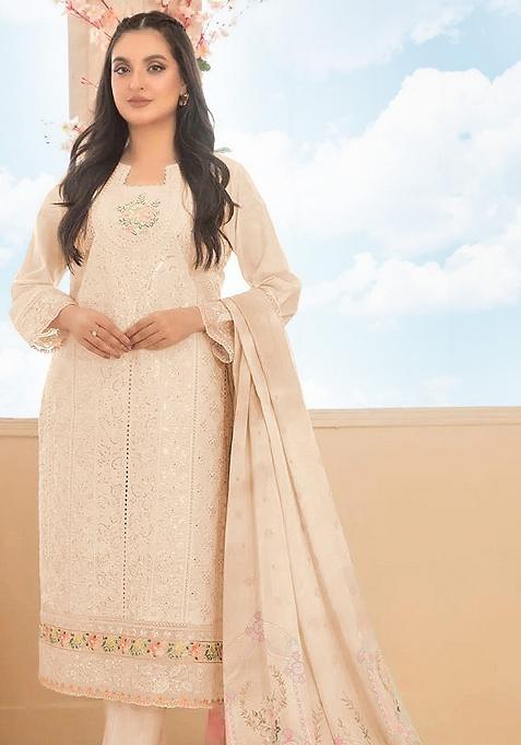 Beige Embroidery Cotton Kurta Set