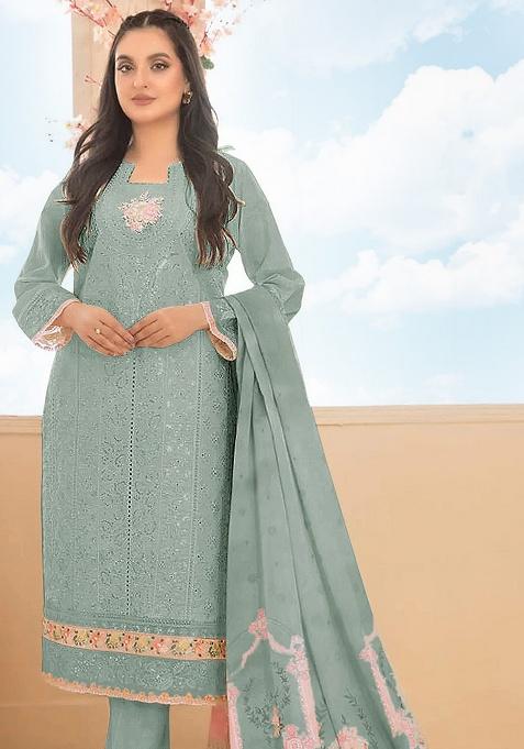 Green Embroidery Cotton Kurta Set