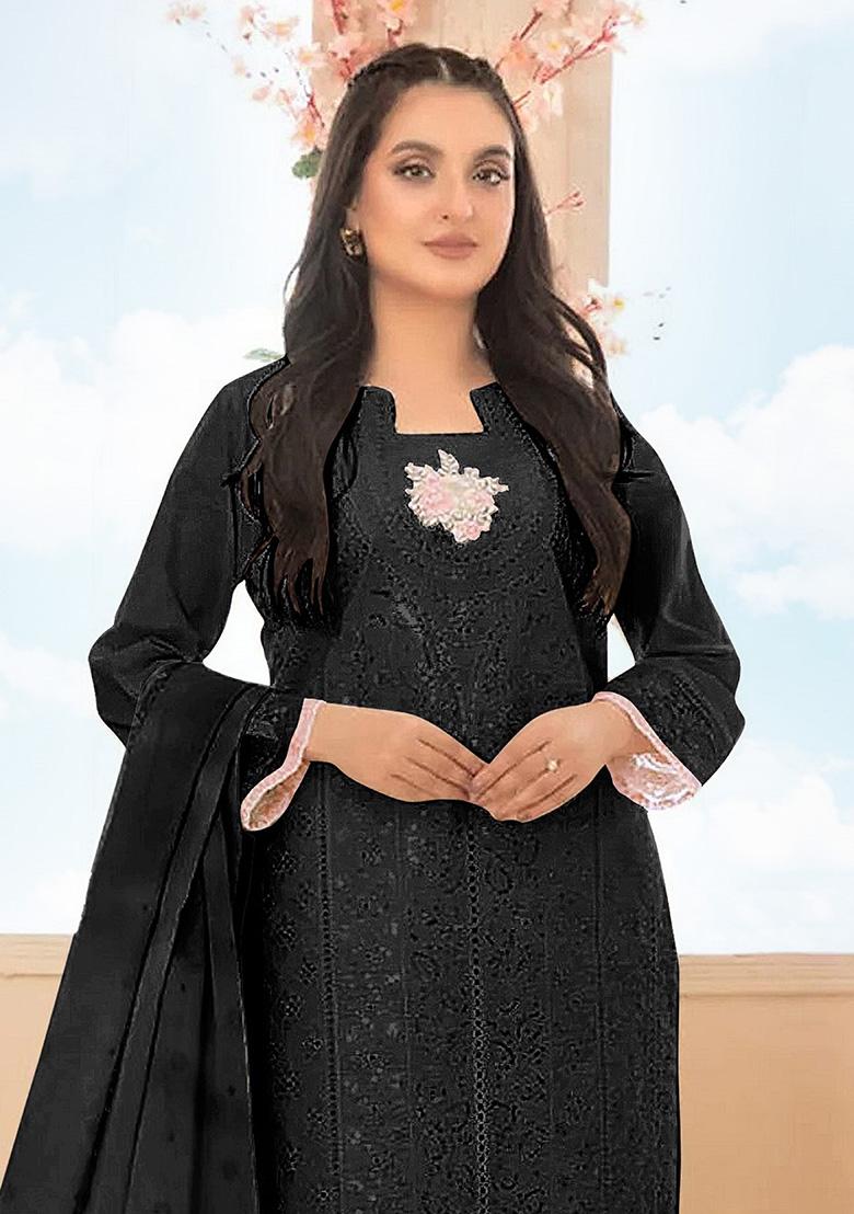 Black Embroidery Cotton Kurta Set - Indya