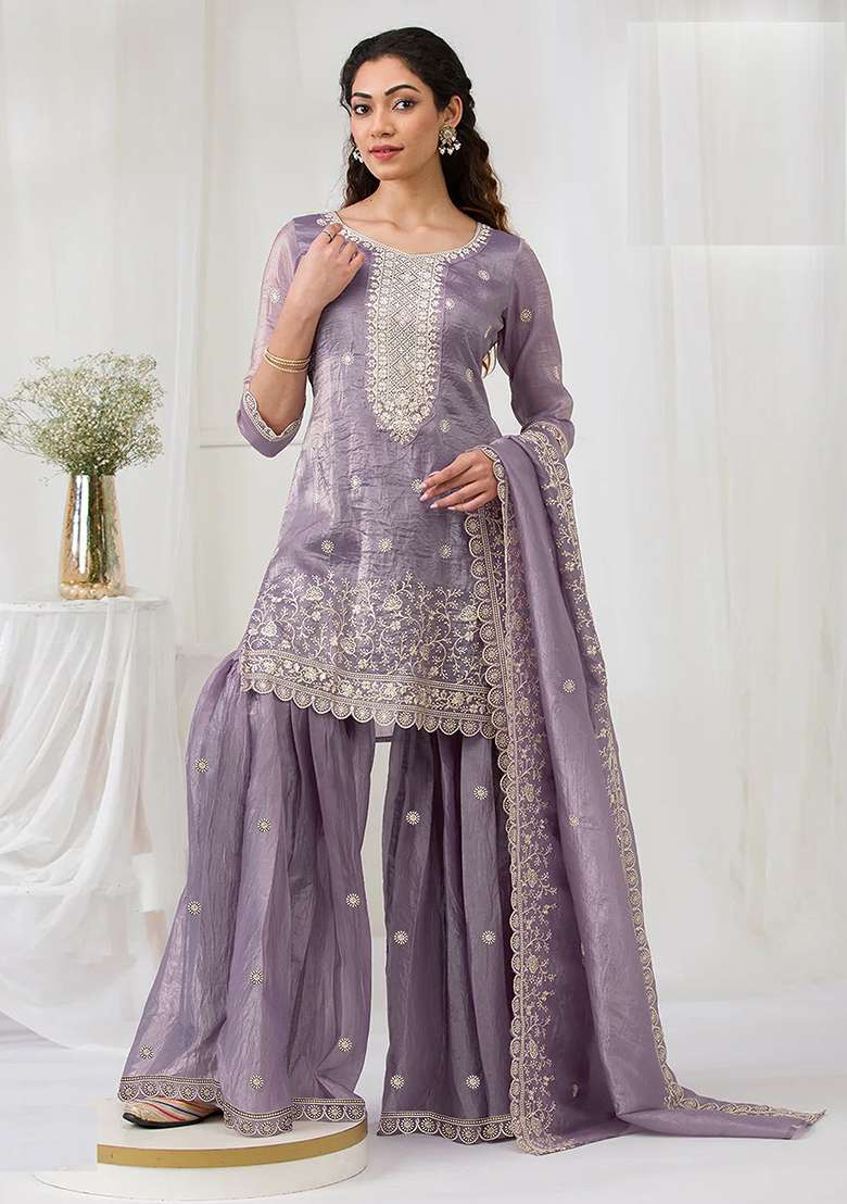 Purple Embroidered Gold Crush Sharara Set - Indya
