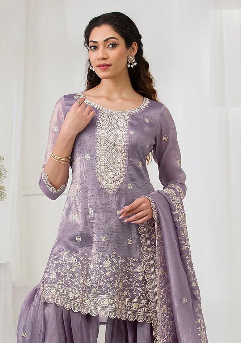 Purple Embroidery Gold Crush Kurta Set - Indya