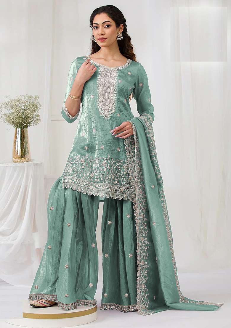 Sky Blue Embroidered Gold Crush Sharara Set - Indya