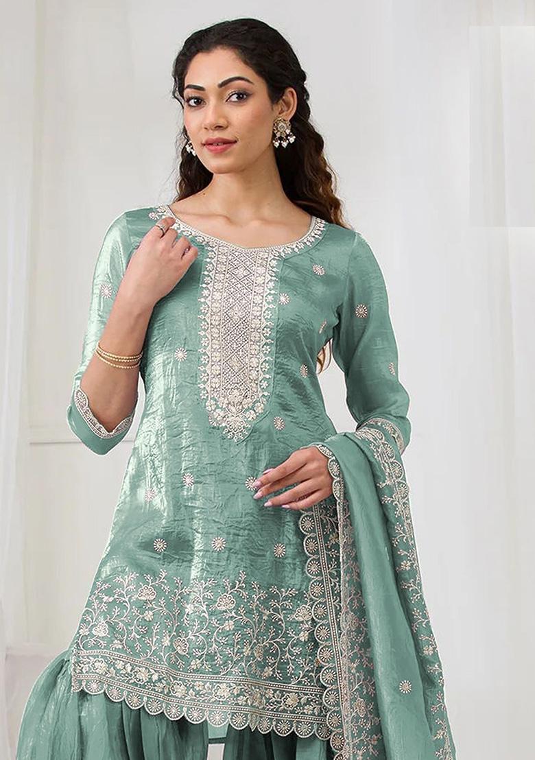 Sky Blue Embroidery Gold Crush Kurta Set - Indya