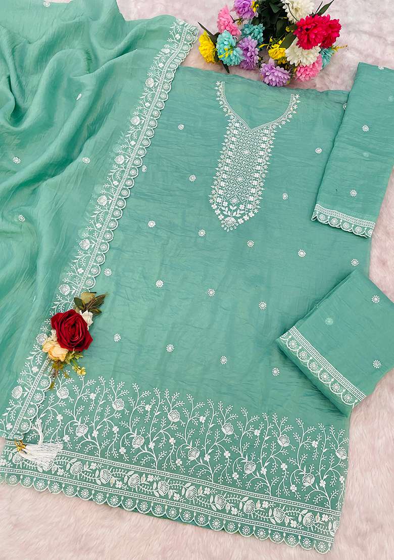 Sky Blue Embroidered Gold Crush Sharara Set - Indya
