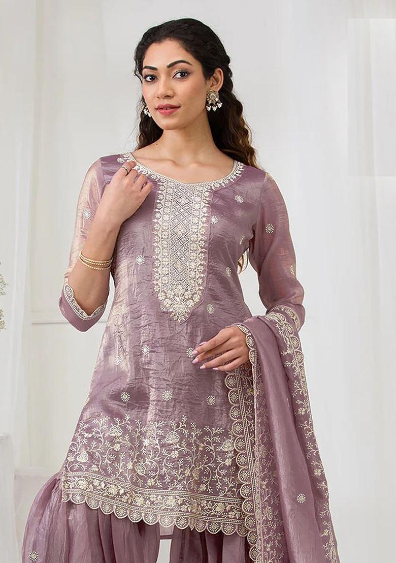 Lavender Embroidery Gold Crush Kurta Set - Indya
