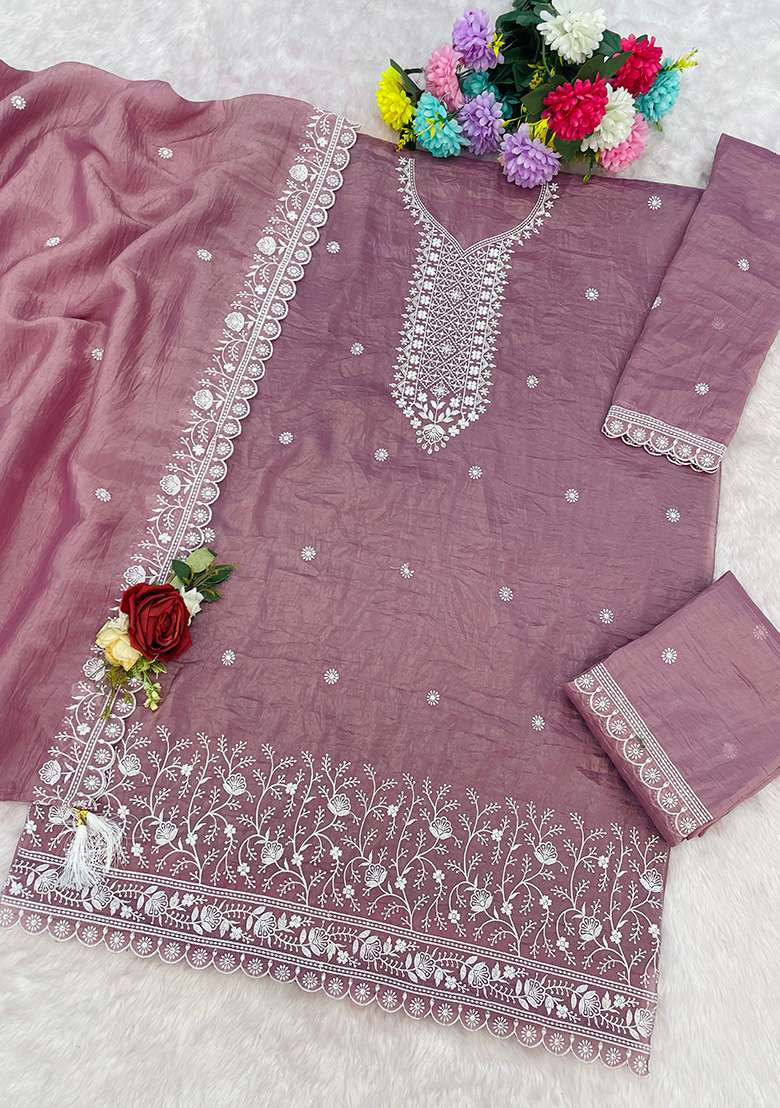 Lavender Embroidered Gold Crush Sharara Set - Indya