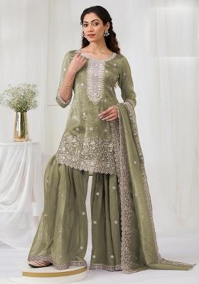 Green Embroidery Gold Crush Kurta Set