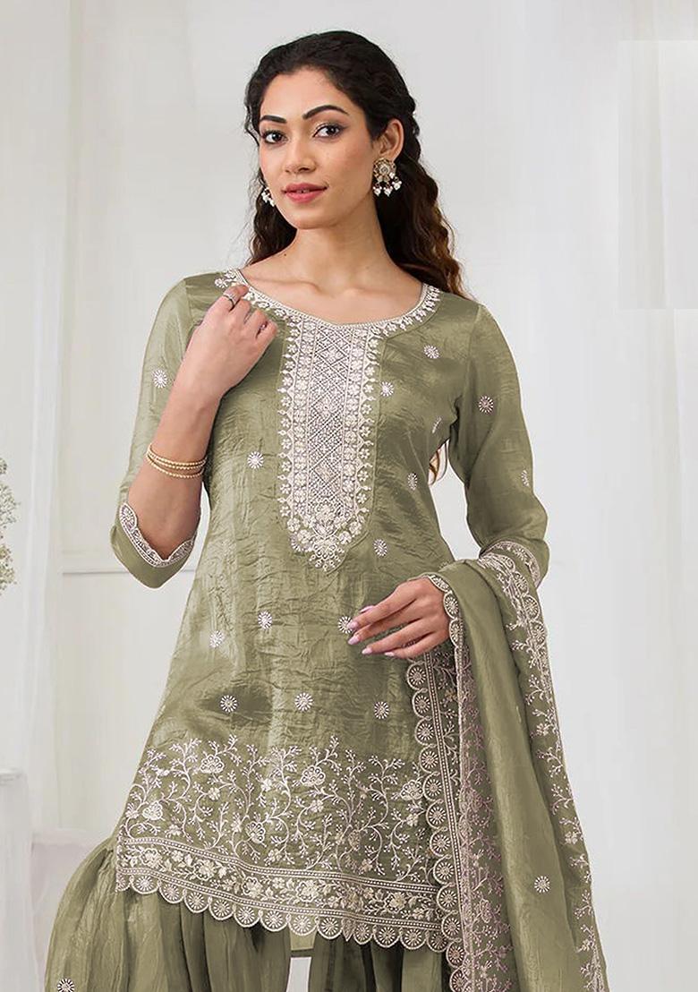 Green Embroidery Gold Crush Kurta Set - Indya