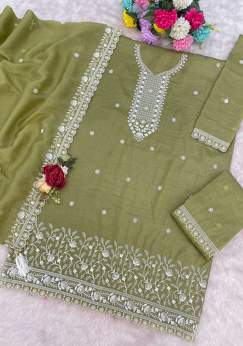Green Embroidered Gold Crush Sharara Set - Indya