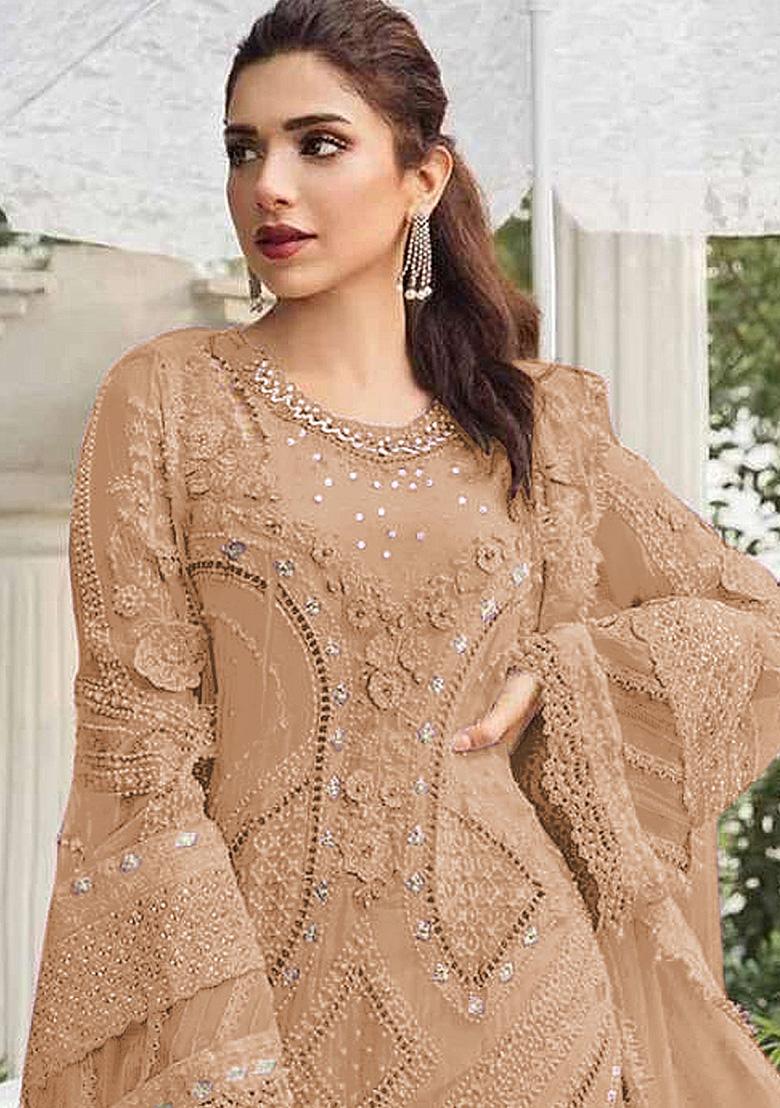 Peach Embroidery Georgette Kurta Set - Indya