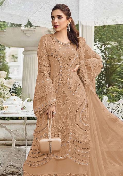 Peach Embroidery Georgette Kurta Set