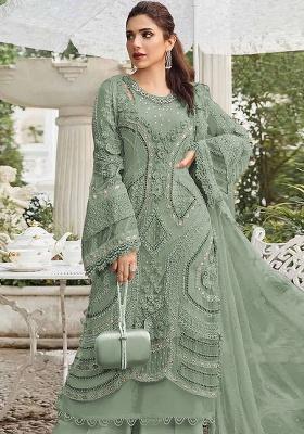 Dark Pista Embroidery Georgette Kurta Set