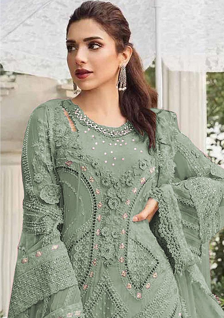 Dark Pista Embroidery Georgette Kurta Set - Indya