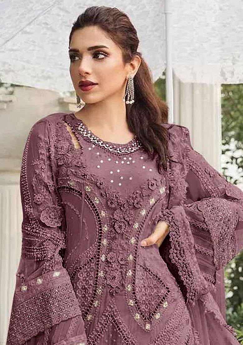Chocolate Embroidery Georgette Kurta Set - Indya