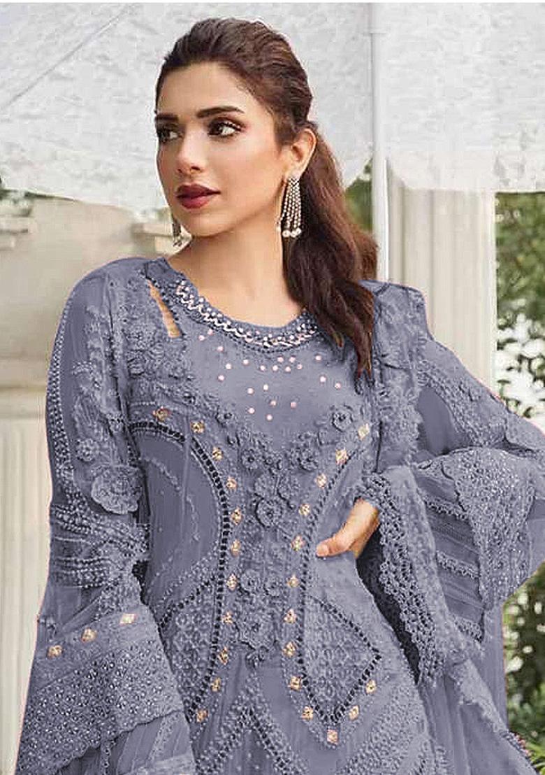 Purple Embroidery Georgette Kurta Set - Indya