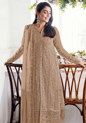 Beige Embroidery Georgette Kurta Set