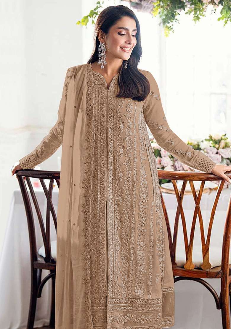Beige Embroidered Georgette Pakistani Suit Set - Indya