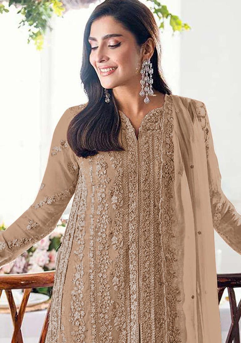 Beige Embroidery Georgette Kurta Set - Indya