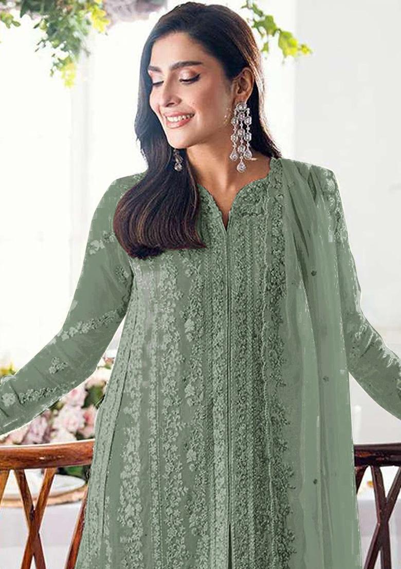 Green Embroidery Georgette Kurta Set - Indya