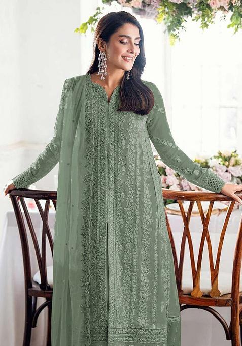 Green Embroidery Georgette Kurta Set