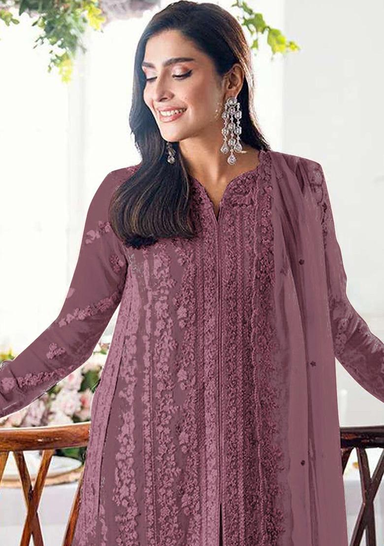 Mauve Embroidery Georgette Kurta Set - Indya
