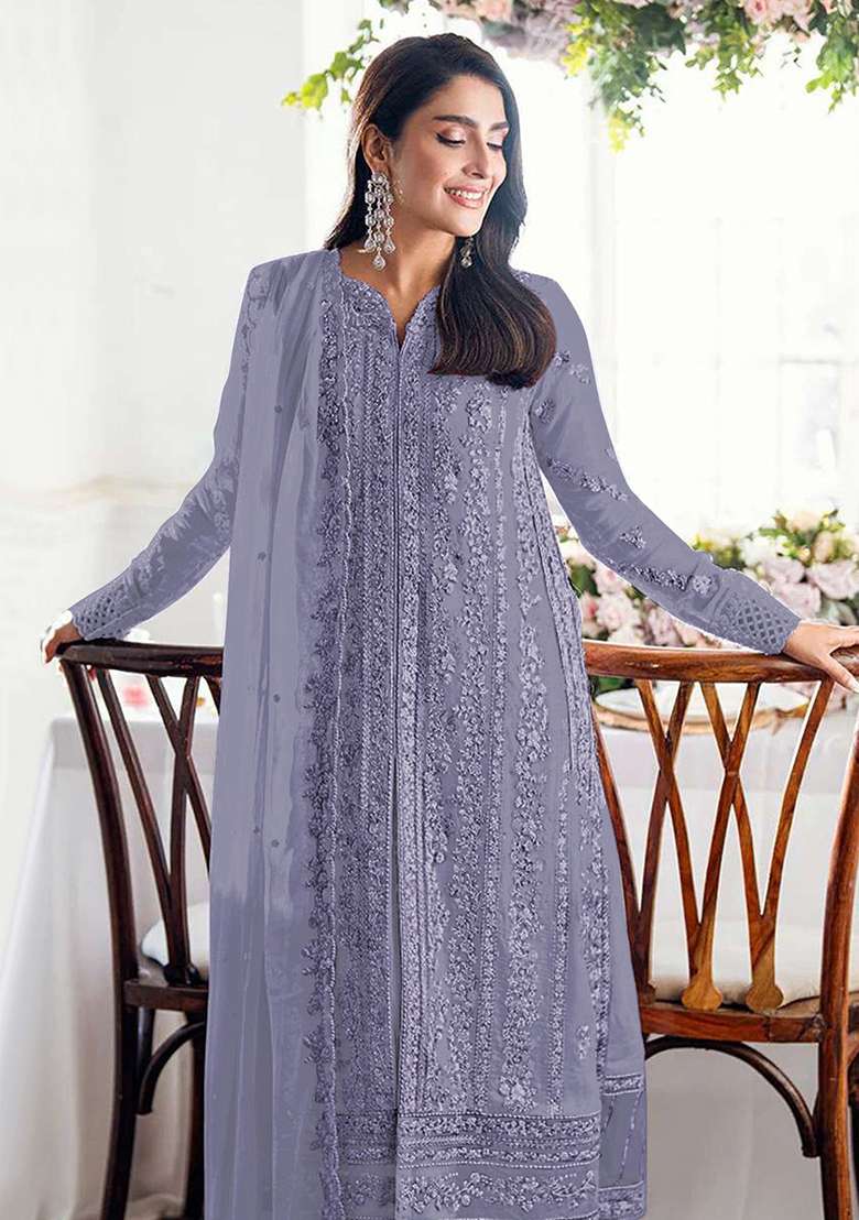 Purple Chikankari Georgette Pakistani Suit Set - Indya