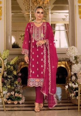 Magenta Embroidery Chinon Kurta Set