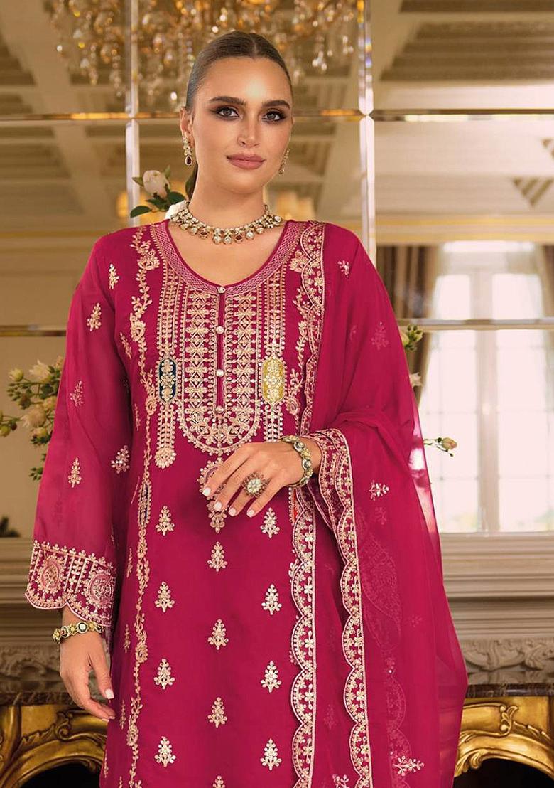 Magenta Embroidery Chinon Kurta Set - Indya