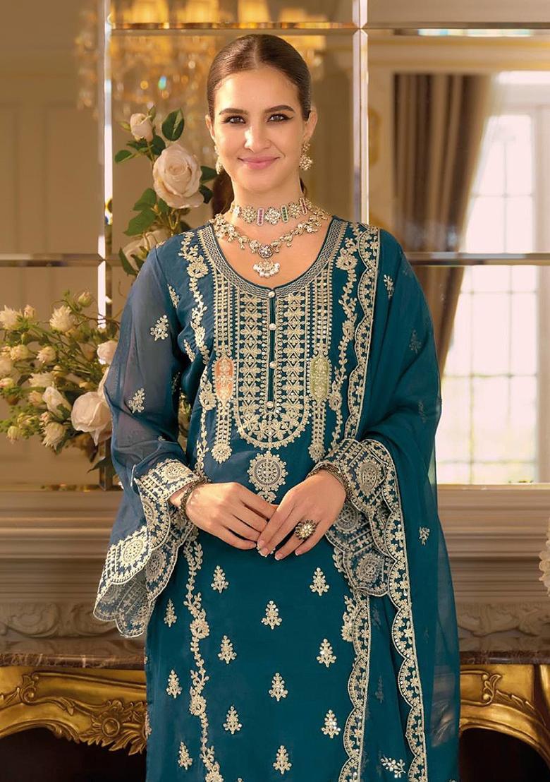 Teal Embroidery Chinon Kurta Set - Indya