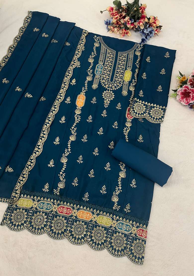 Teal Embroidered Chinon Pakistani Suit Set - Indya