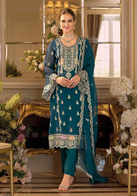 Teal Embroidery Chinon Kurta Set