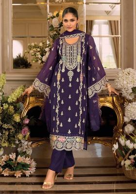 Purple Embroidery Chinon Kurta Set