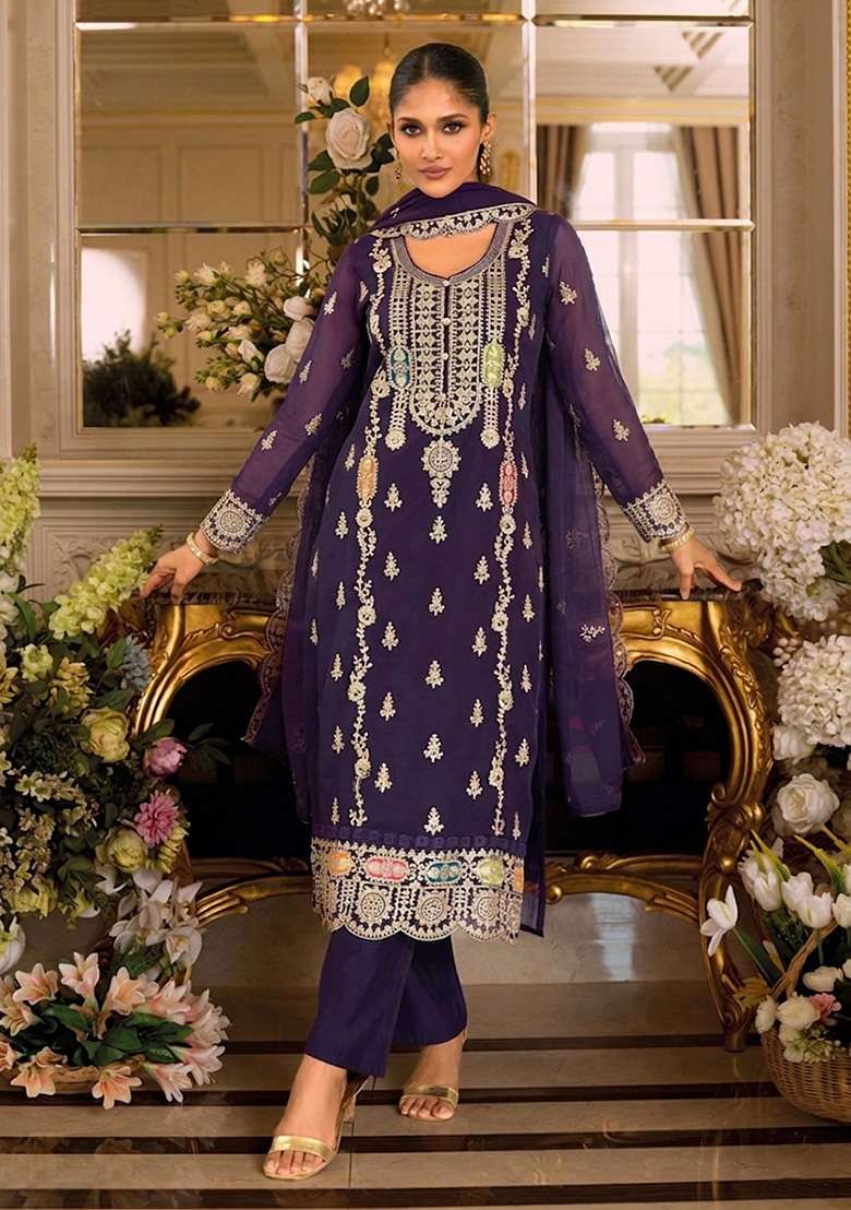 Purple Embroidered Chinon Pakistani Suit Set - Indya