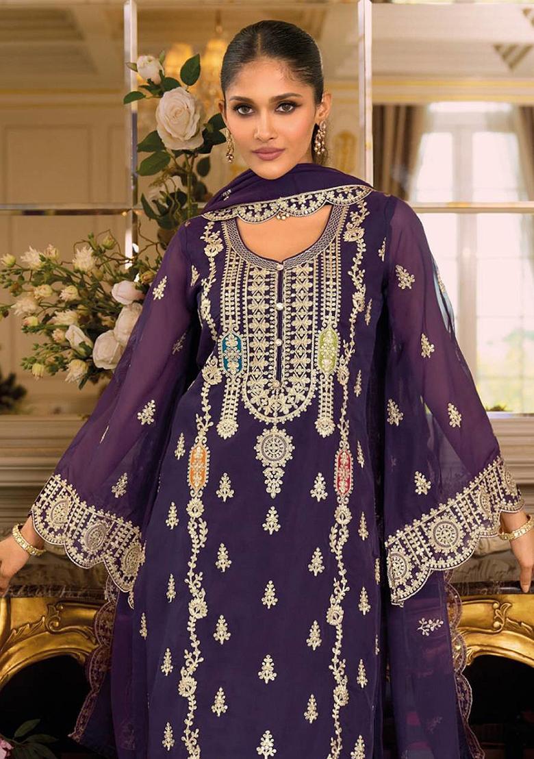 Purple Embroidery Chinon Kurta Set - Indya