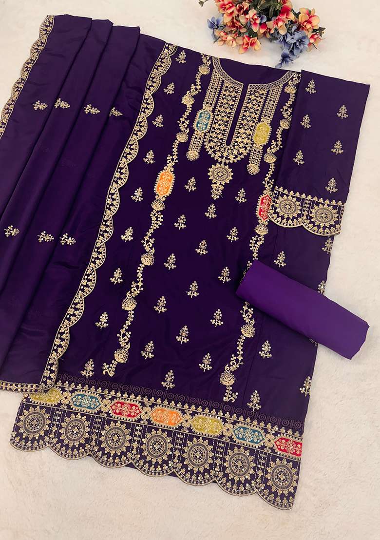 Purple Embroidered Chinon Pakistani Suit Set - Indya