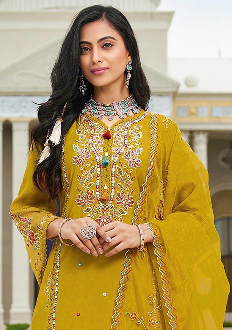 Yellow Embroidery Cotton Kurta Set - Indya