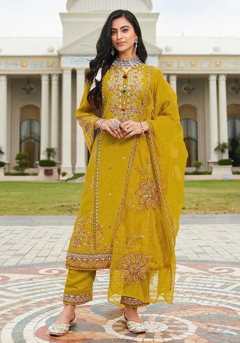 Yellow Embroidery Cotton Kurta Set