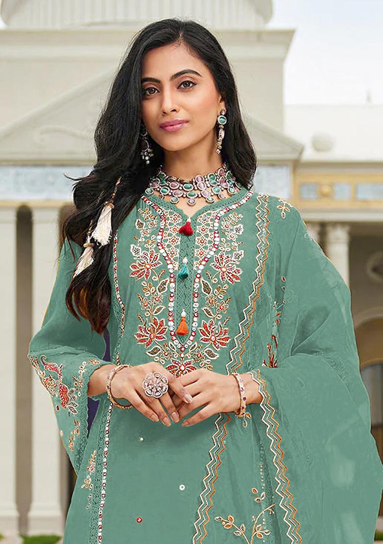 Green Embroidery Cotton Kurta Set - Indya