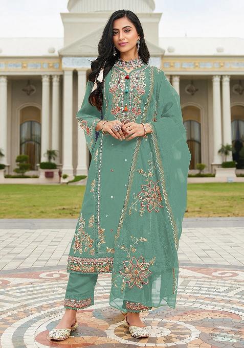 Green Embroidery Cotton Kurta Set