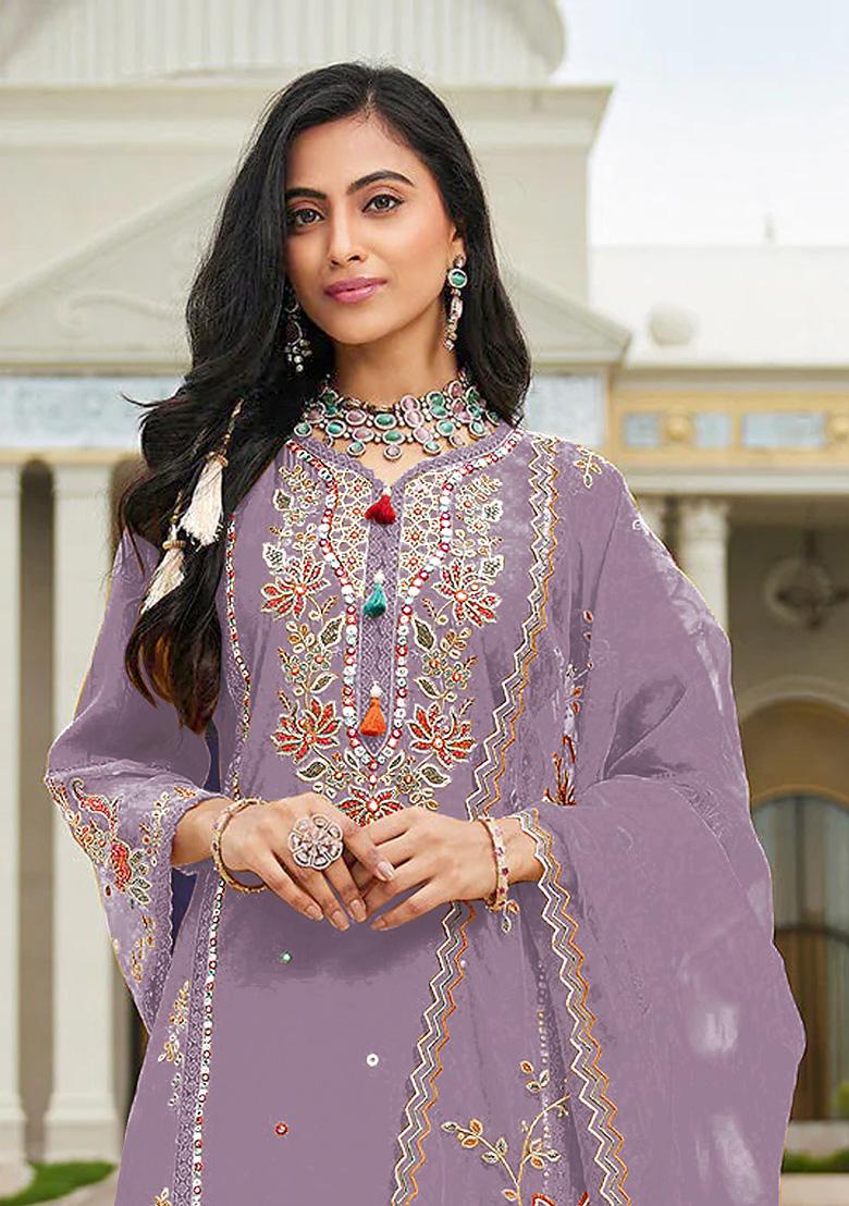 Purple Embroidery Cotton Kurta Set - Indya