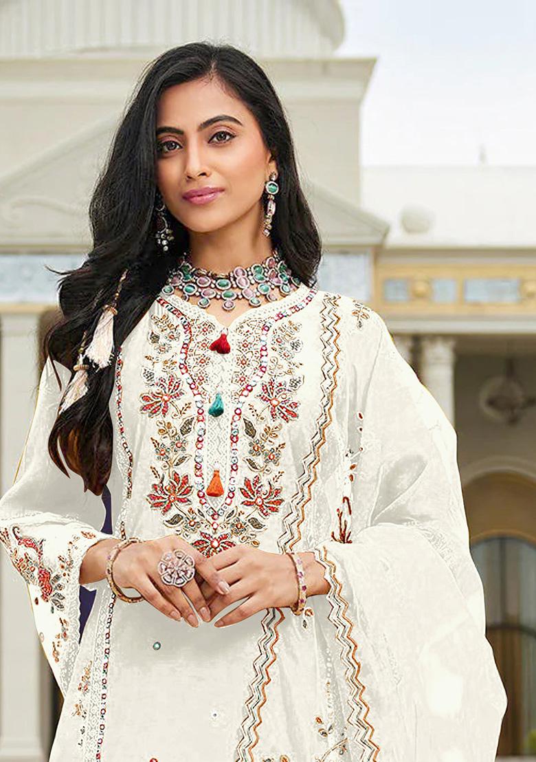 White Embroidery Cotton Kurta Set - Indya