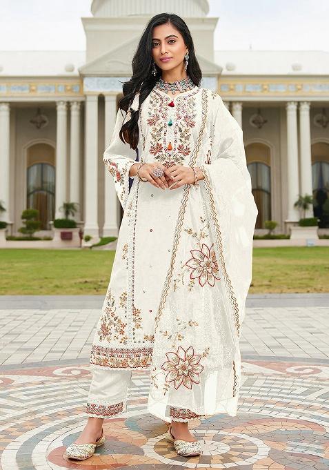 White Embroidery Cotton Kurta Set