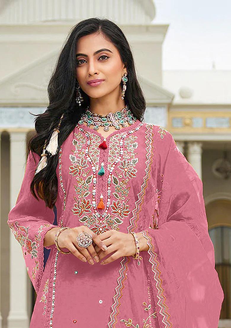 Pink Embroidery Cotton Kurta Set - Indya