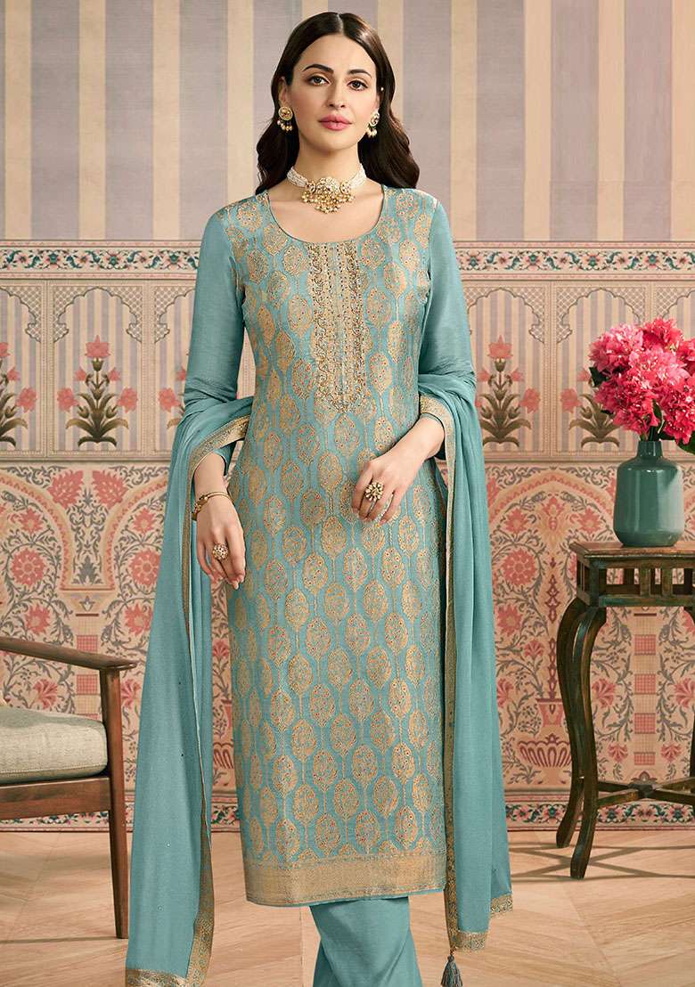 Sky Blue Jacquard Viscose Straight Kurta Set - Indya