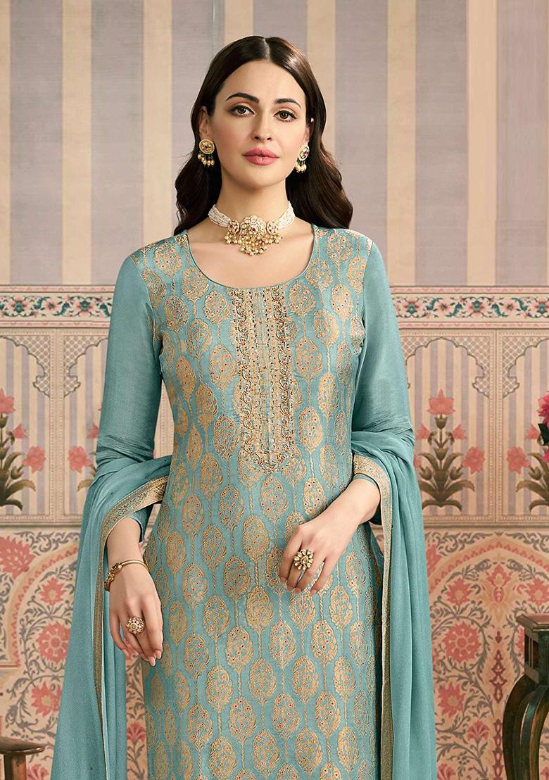 Sky Blue Embroidery Viscose Kurta Set - Indya