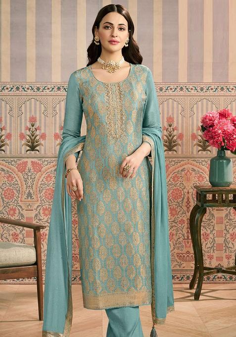 Sky Blue Embroidery Viscose Kurta Set