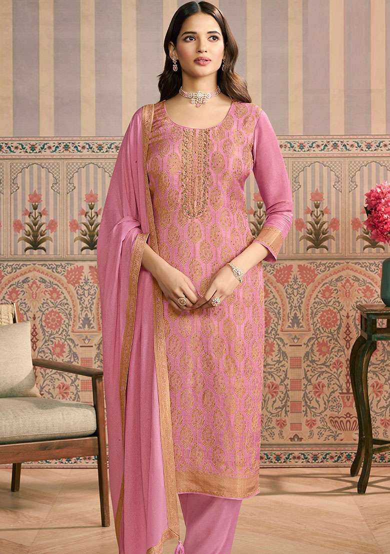 Pink Jacquard Viscose Straight Kurta Set - Indya