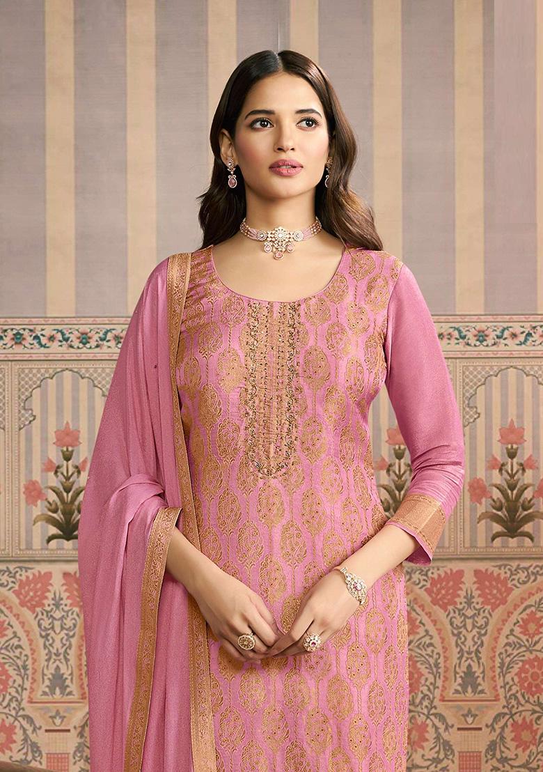 Pink Embroidery Viscose Kurta Set - Indya