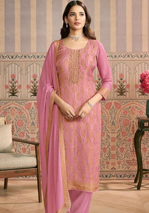 Pink Embroidery Viscose Kurta Set